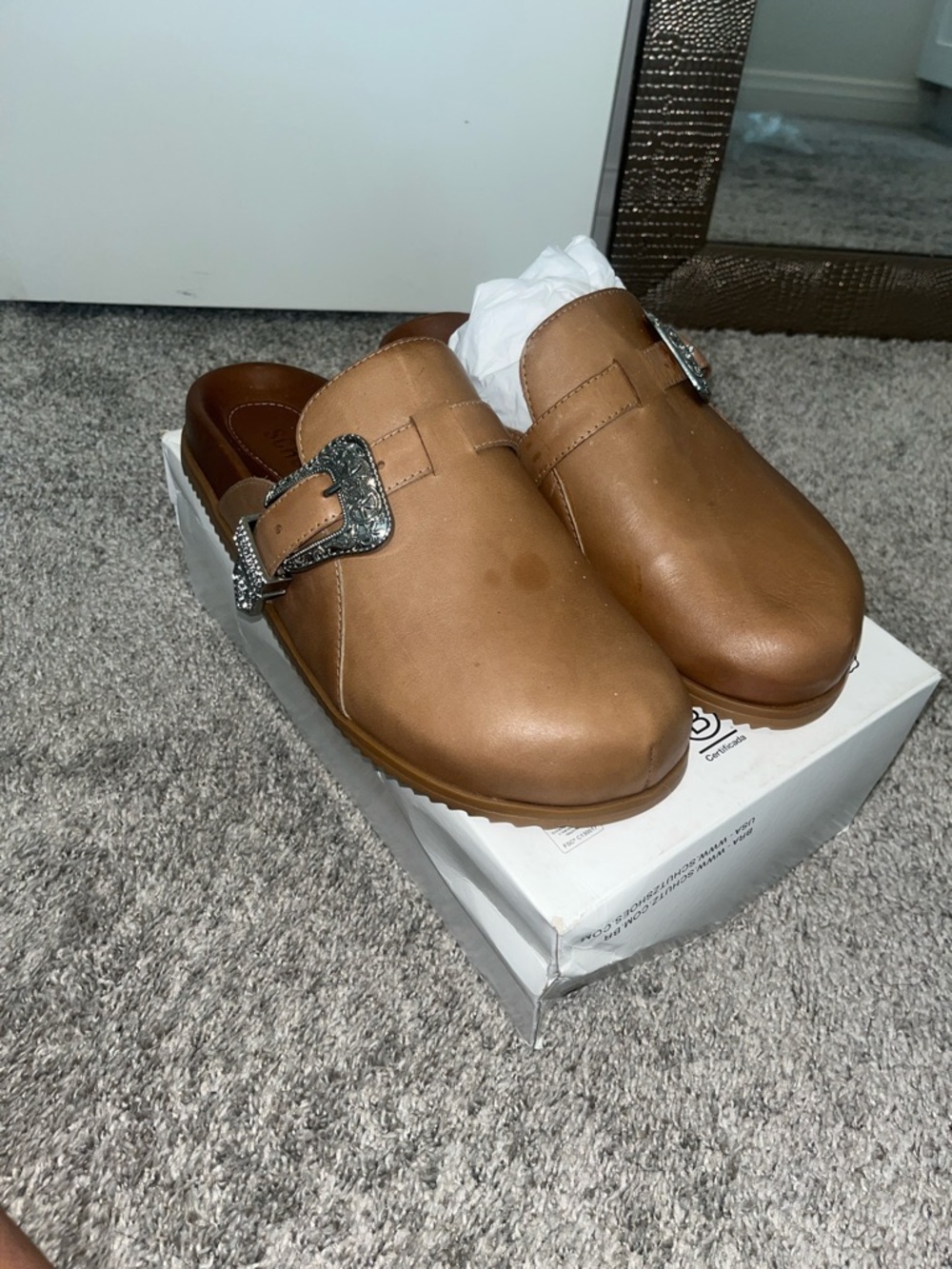 SCHUTZ Tan Brown Leather Mule Clogs with Decorative Silver Buckle